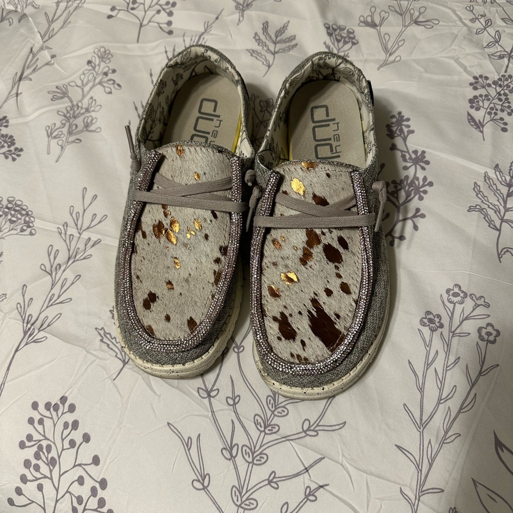 Custom Hey Dudes with Acid Wash Cowhide and Rose Gold trim - Picture 2 of 4